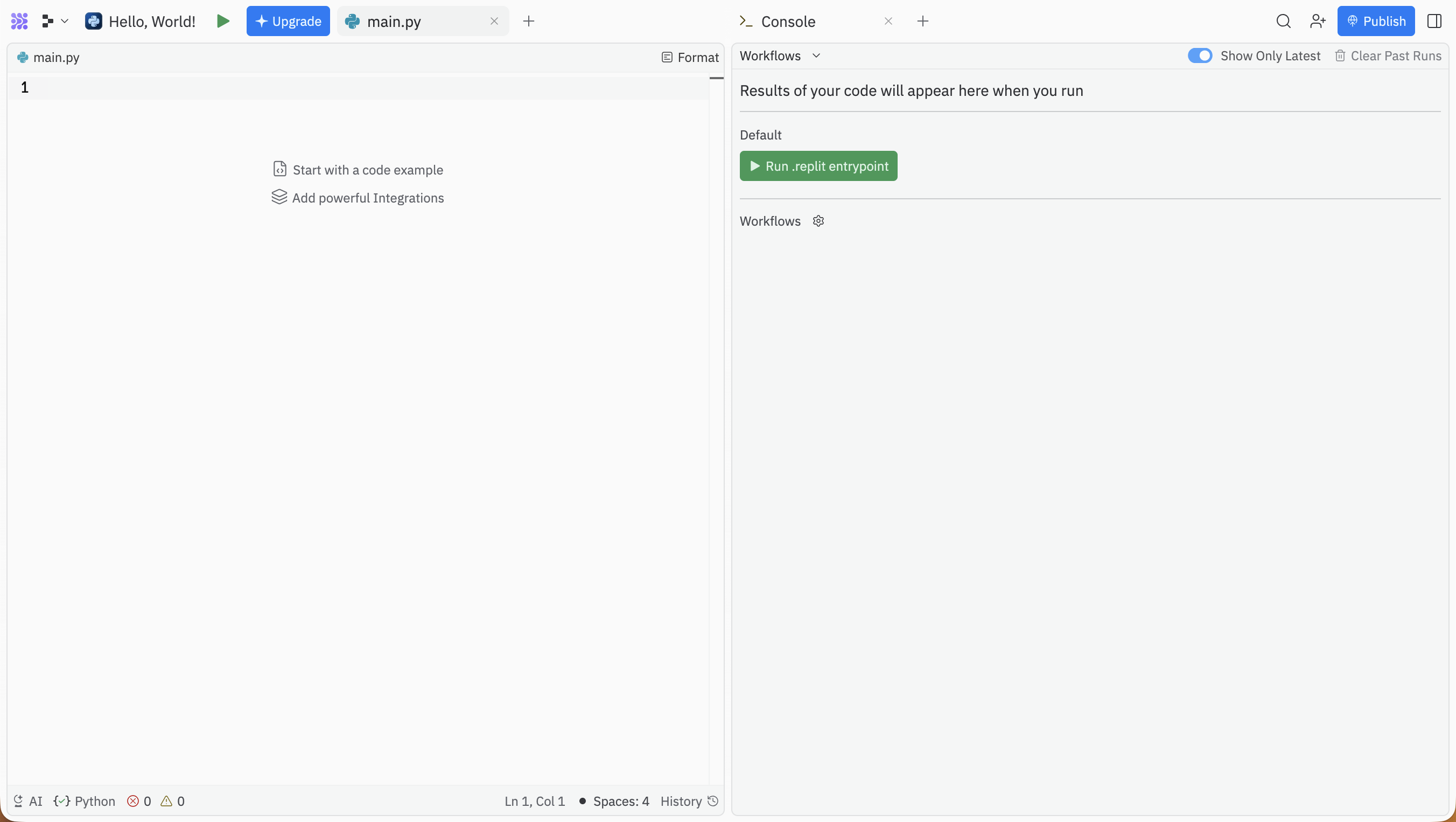 Side-by-side text editor and console panels