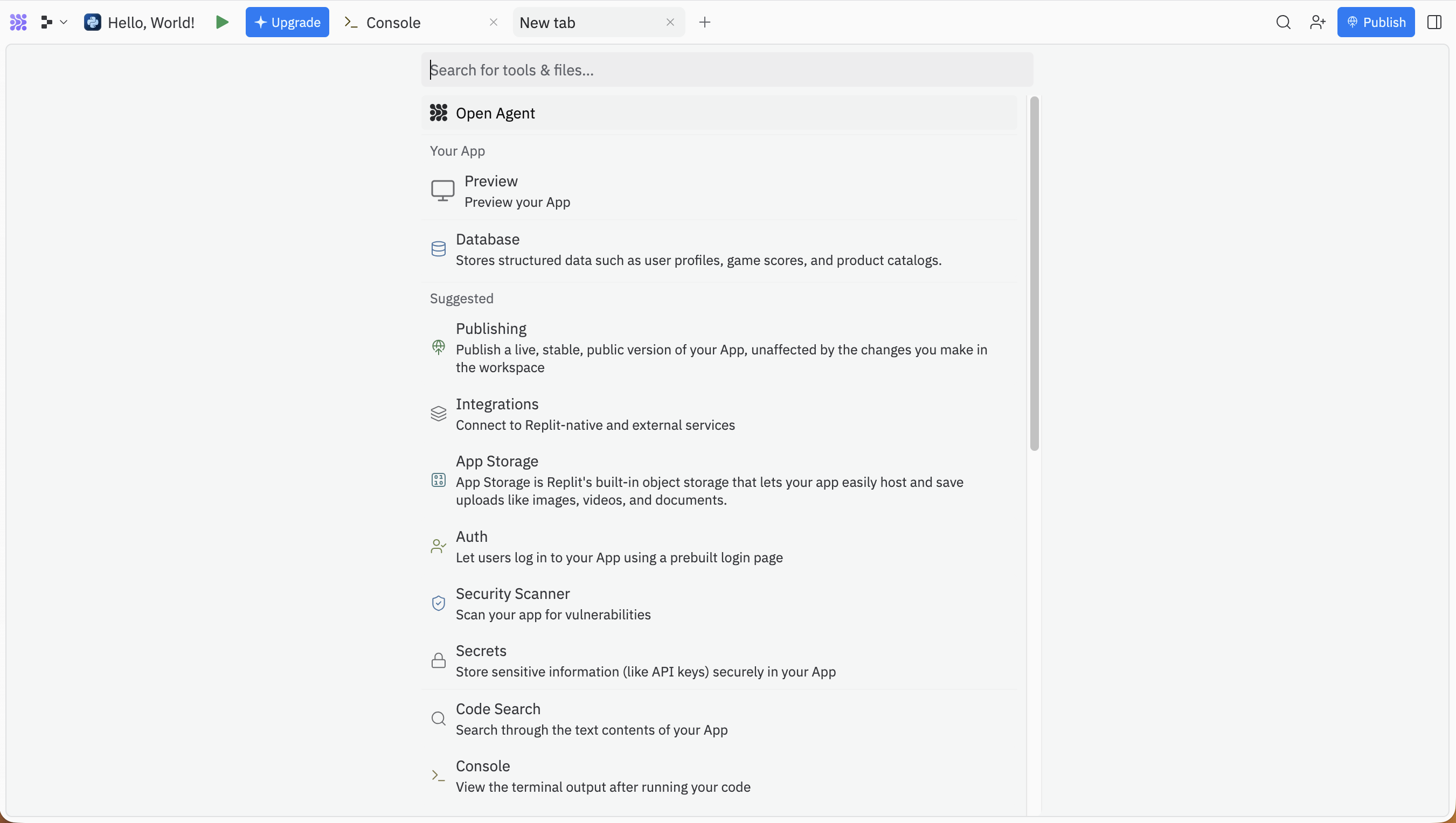 Tools and files panel